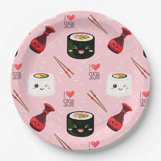 Kawaii Sushi Pattern Light Pink    Paper Plate (Front)