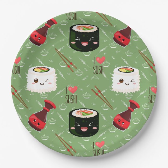 Kawaii Sushi Pattern  Paper Plate (Front)
