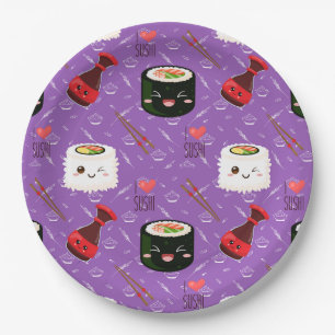 Kawaii Sushi Pattern Purple  Paper Plate