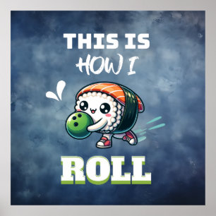 Kawaii Sushi playing Bowling( white text) Poster
