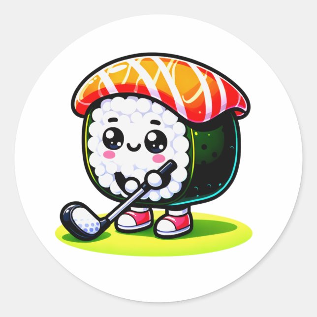 Kawaii Sushi playing golf Classic Round Sticker (Front)