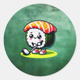 Kawaii Sushi playing golf Classic Round Sticker
