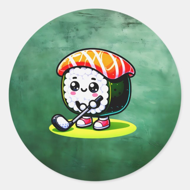 Kawaii Sushi playing golf Classic Round Sticker (Front)