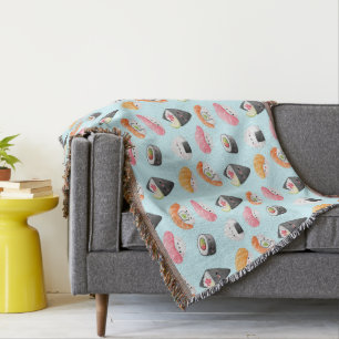 kawaii sushi rolls, sushi pattern throw blanket