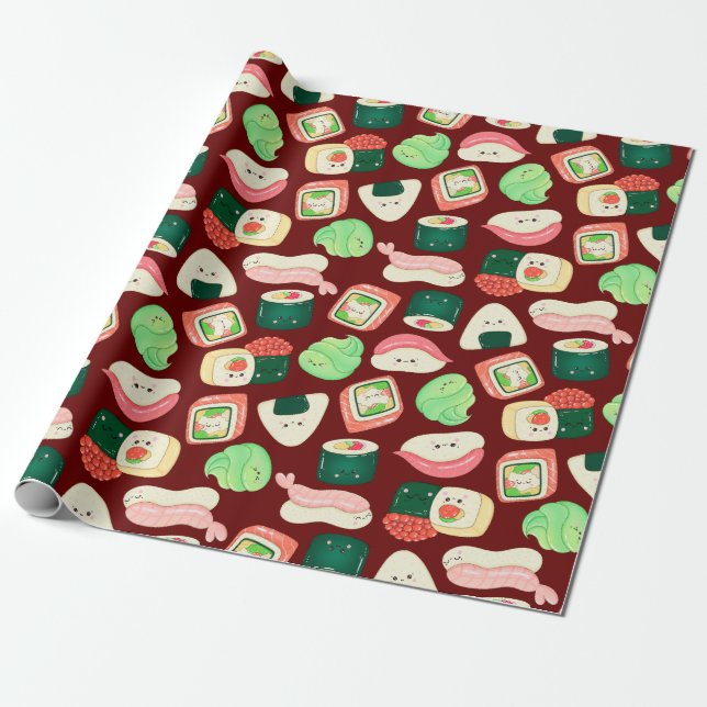 kawaii sushi rolls, sushi pattern wrapping paper (Unrolled)