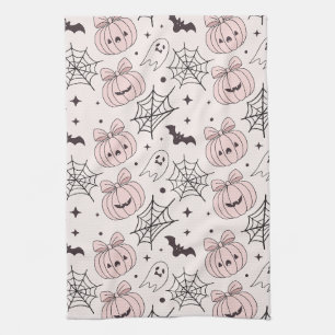 Kawaii Sweet Pink Spooky Halloween Pattern Tea Towel