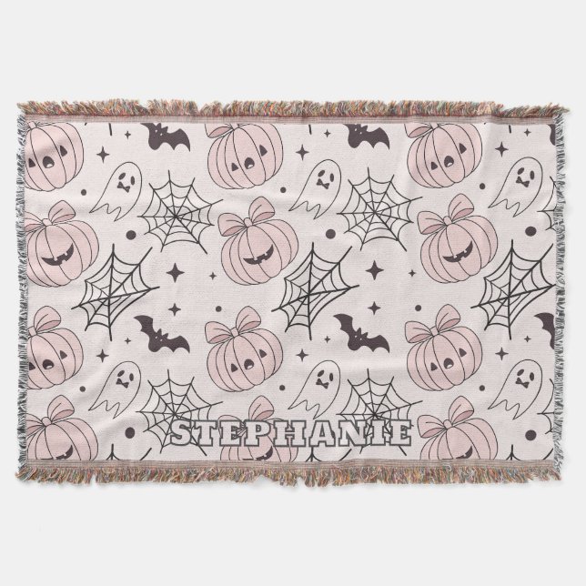 Kawaii Sweet Pink Spooky Halloween Pattern Throw Blanket (Front)