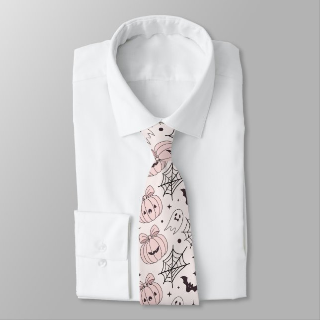 Kawaii Sweet Pink Spooky Halloween Pattern Tie (Tied)