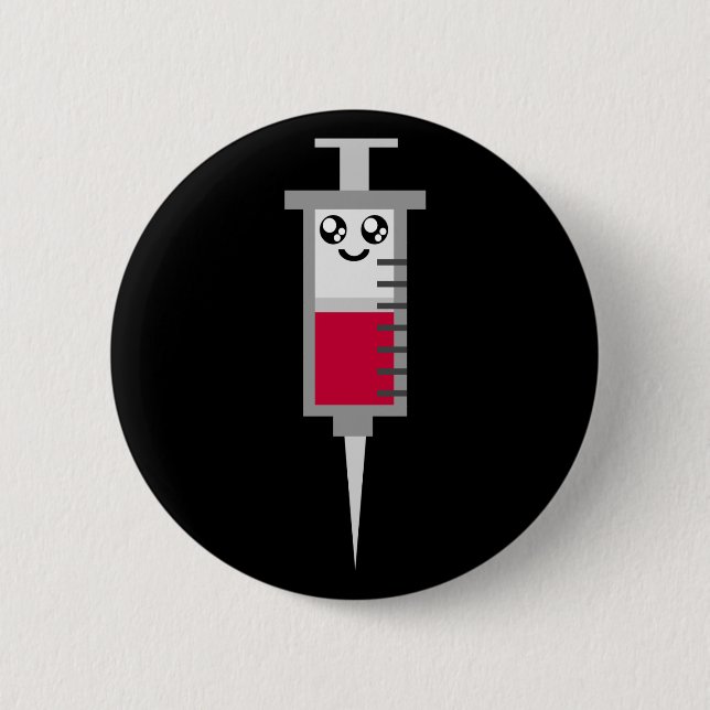 KAWAII SYRINGE SHOT MEDICAL HAPPY FACE 6 CM ROUND BADGE (Front)
