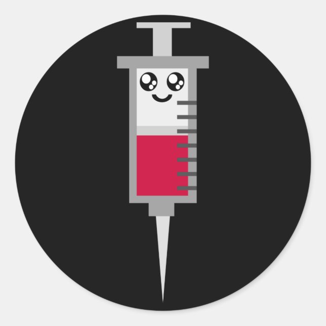 KAWAII SYRINGE SHOT MEDICAL HAPPY FACE CLASSIC ROUND STICKER (Front)