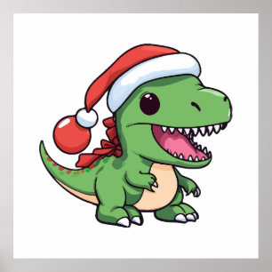 Kawaii T-Rex Dinosaur in Christmas Hat Poster