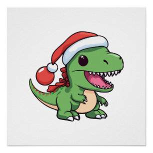 Kawaii T-Rex Dinosaur in Christmas Hat Poster