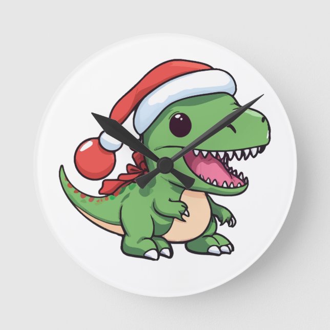 Kawaii T-Rex Dinosaur in Christmas Hat Round Clock (Front)