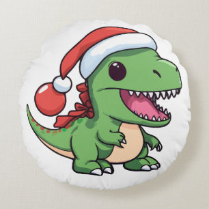 Kawaii T-Rex Dinosaur in Christmas Hat Round Cushion