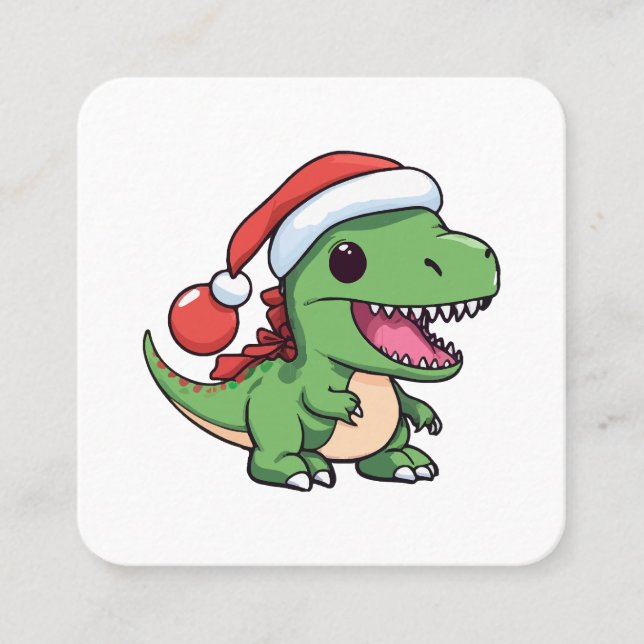 Kawaii T-Rex Dinosaur in Christmas Hat Square Business Card (Front)
