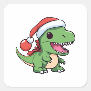 Kawaii T-Rex Dinosaur in Christmas Hat Square Sticker