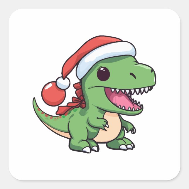 Kawaii T-Rex Dinosaur in Christmas Hat Square Sticker (Front)