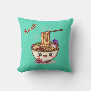 Kawaii Teal Cute Ramen Bowl with Japanese Flowers  Cushion