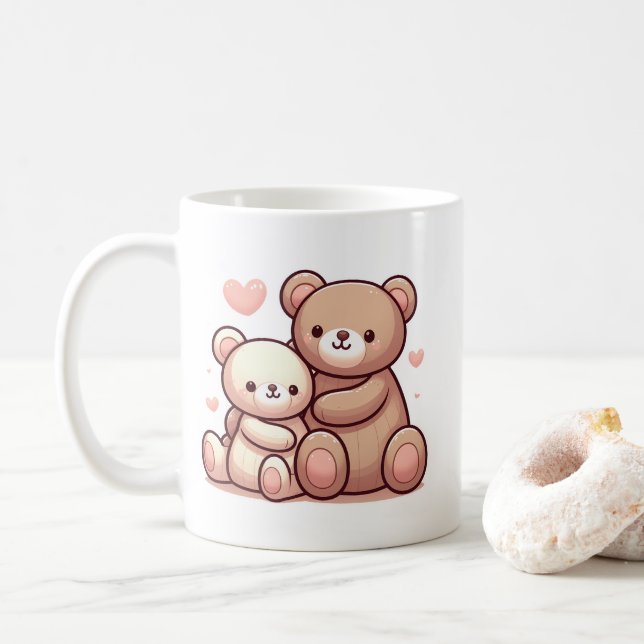 Kawaii Teddy Bear Hug Art Coffee Mug (With Donut)
