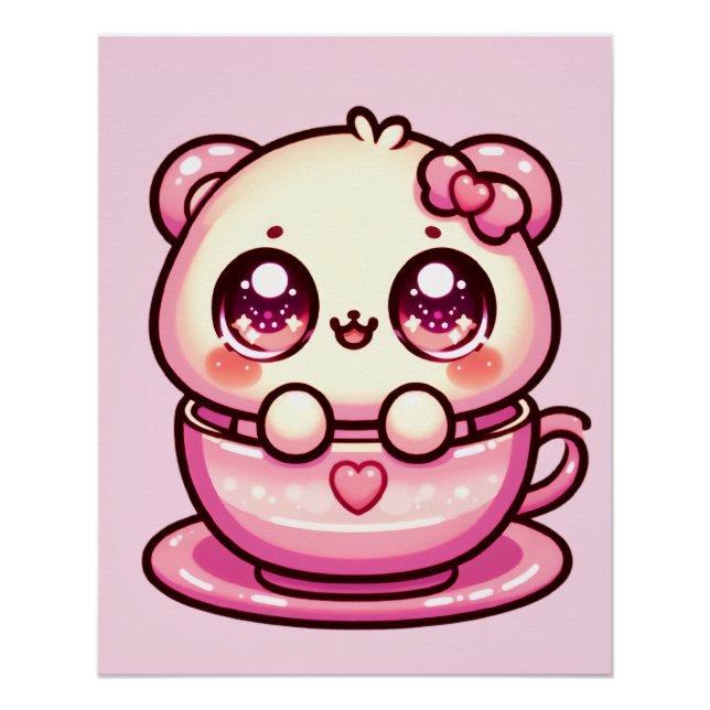 Kawaii Teddy Bear in a Cup Poster (Front)