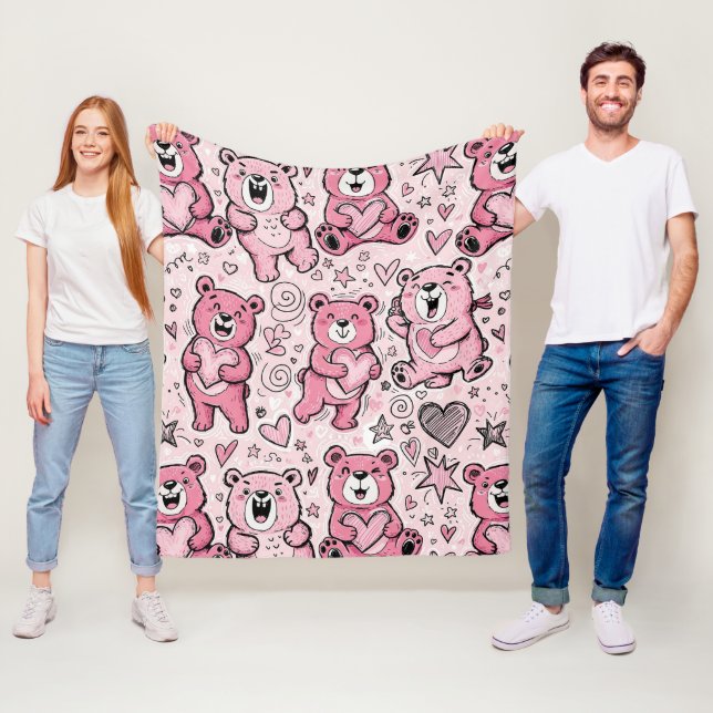 Kawaii Teddy Bear Pink Pattern Fleece Blanket (In Situ)
