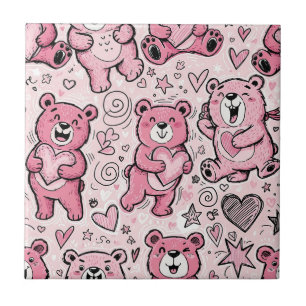 Kawaii Teddy Bear Pink Pattern Tile