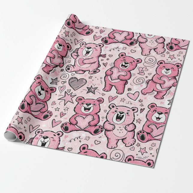Kawaii Teddy Bear Pink Pattern Wrapping Paper (Unrolled)