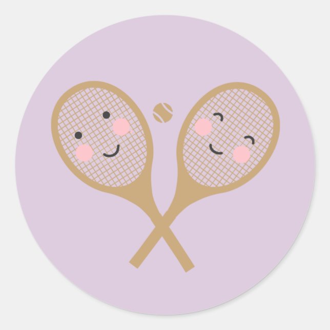 Kawaii Tennis Rackets Happy Face Cute Lavender Classic Round Sticker (Front)