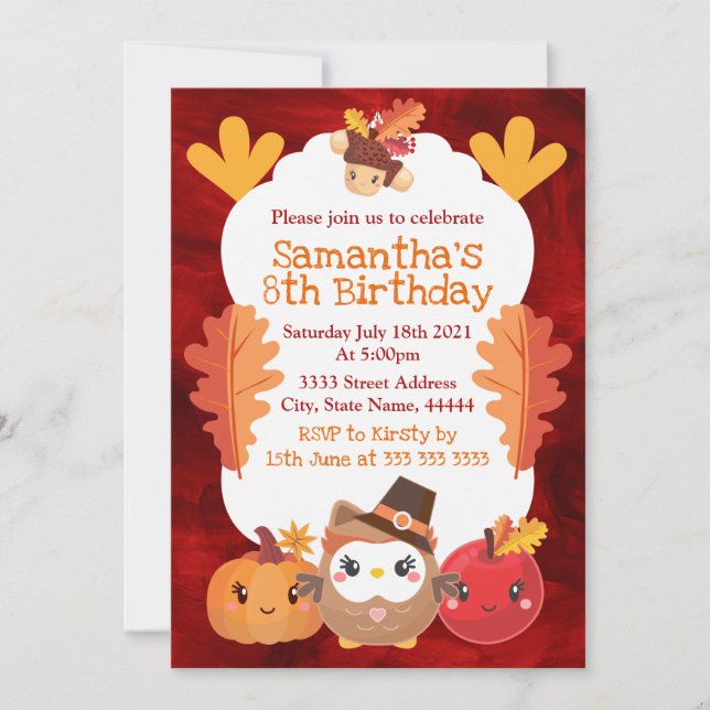 Kawaii Thanksgiving Owl Pumpkin Apple Birthday Invitation (Front)