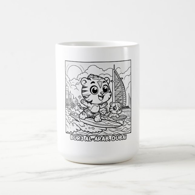 Kawaii Tiger Surfers at Burj Al Arab Cartoon Coffee Mug (Center)