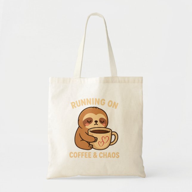 Kawaii Tired Sloth Coffee & Chaos Funny Cute Tote Bag (Front)