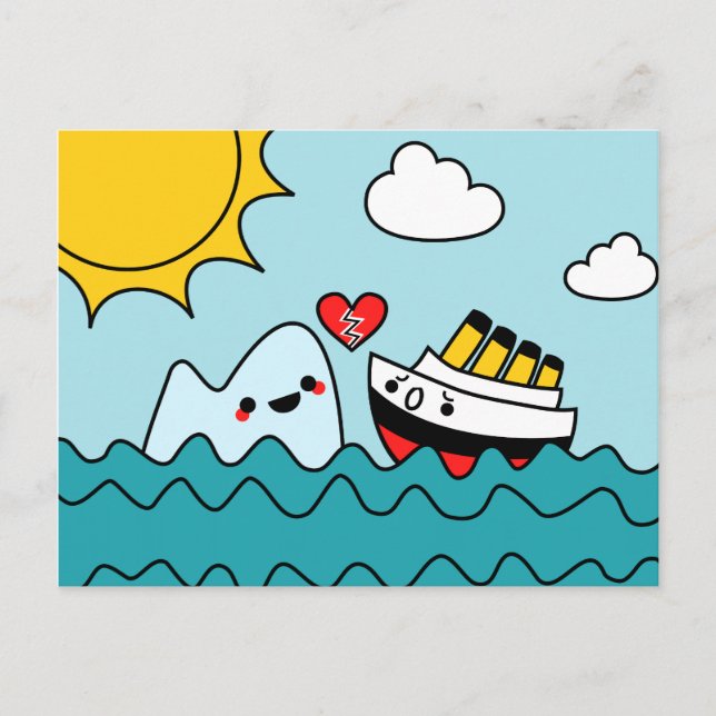 Kawaii Titanic Ship Iceberg Heartbroken Postcard (Front)