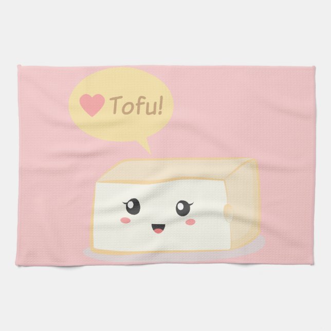 Kawaii tofu asking people to love tofu tea towel (Horizontal)