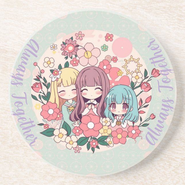 Kawaii Trio – Cute Anime Girls & Floral Vibes Coaster (Front)