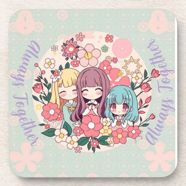 Kawaii Trio – Cute Anime Girls & Floral Vibes Coaster (Front)