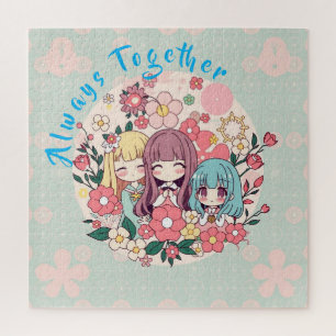 Kawaii Trio – Cute Anime Girls & Floral Vibes Jigsaw Puzzle