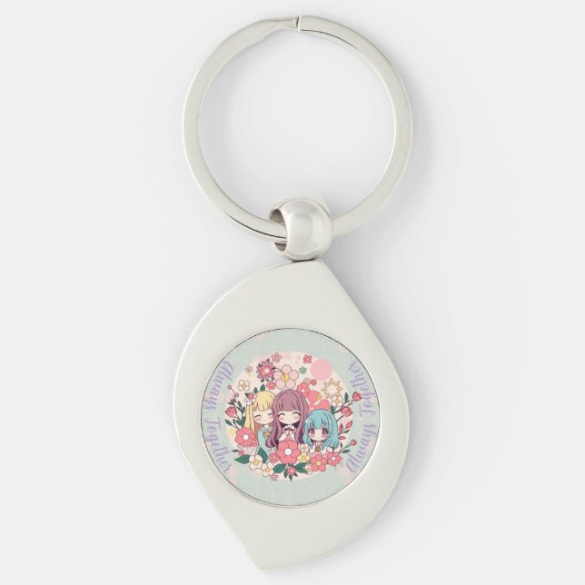 Kawaii Trio – Cute Anime Girls & Floral Vibes Key Ring (Front)