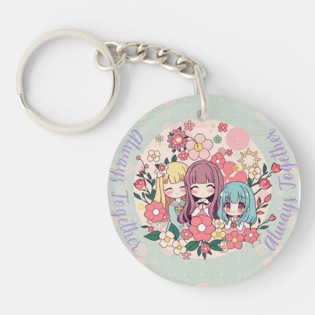 Kawaii Trio – Cute Anime Girls & Floral Vibes Key Ring (Front)