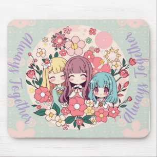Kawaii Trio – Cute Anime Girls & Floral Vibes Mouse Mat