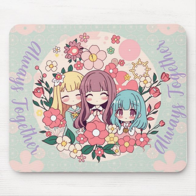 Kawaii Trio – Cute Anime Girls & Floral Vibes Mouse Mat (Front)