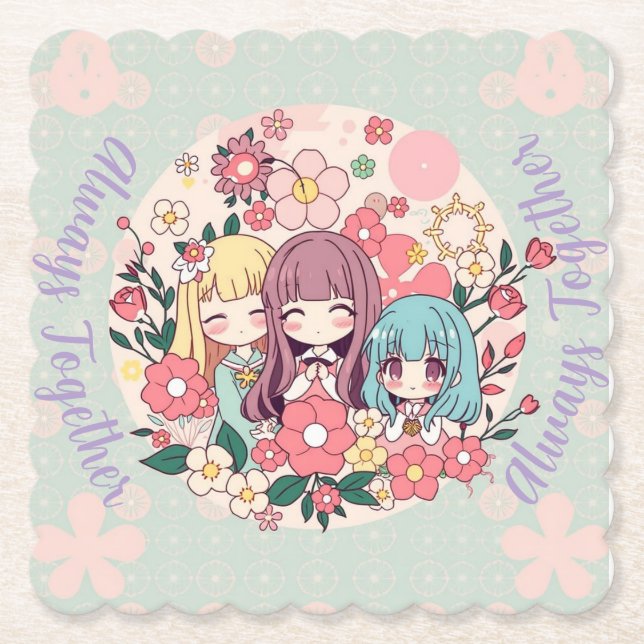 Kawaii Trio – Cute Anime Girls & Floral Vibes Paper Coaster (Front)