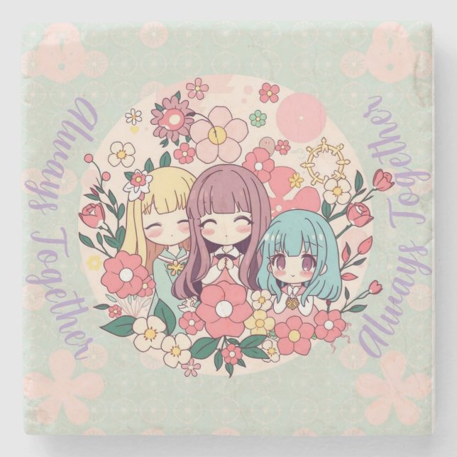 Kawaii Trio – Cute Anime Girls & Floral Vibes Stone Coaster (Front)