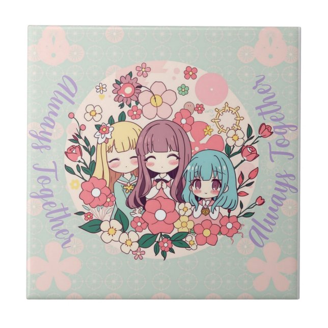 Kawaii Trio – Cute Anime Girls & Floral Vibes Tile (Front)