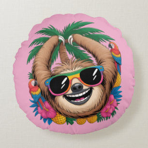 Kawaii Tropical Sloth – Cute Summer Vibes Rainbow  Round Cushion