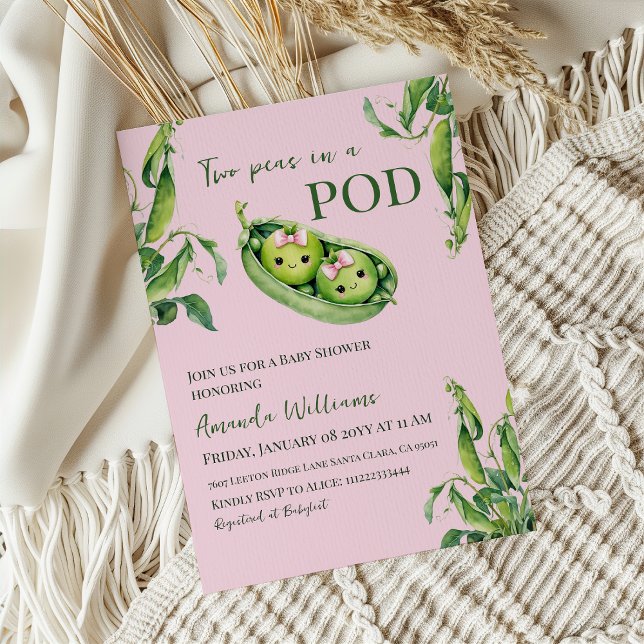 Kawaii Two Peas in Pod Pink Girl Twins Baby Shower Invitation (Creator Uploaded)