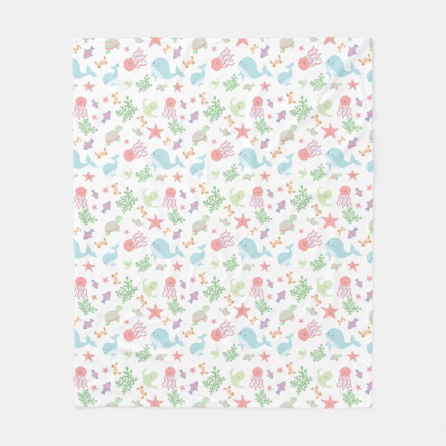 Kawaii Under the Sea Baby Shower Neutral Pastel Fleece Blanket (Front)