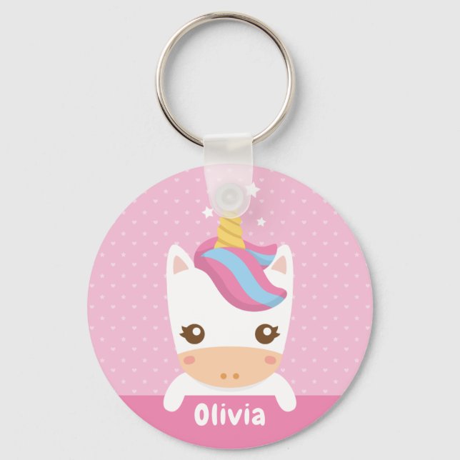 Kawaii Unicorn Girls Pink Personalised Keychain (Front)