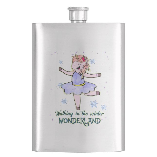 Kawaii Unicorn | Walking during Winter Hip Flask (Front)