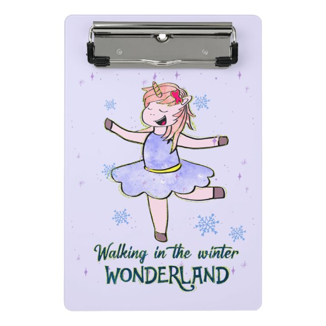 Kawaii Unicorn | Walking during Winter Mini Clipboard (Front)