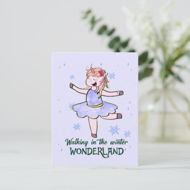 Kawaii Unicorn | Walking during Winter Postcard (Standing Front)
